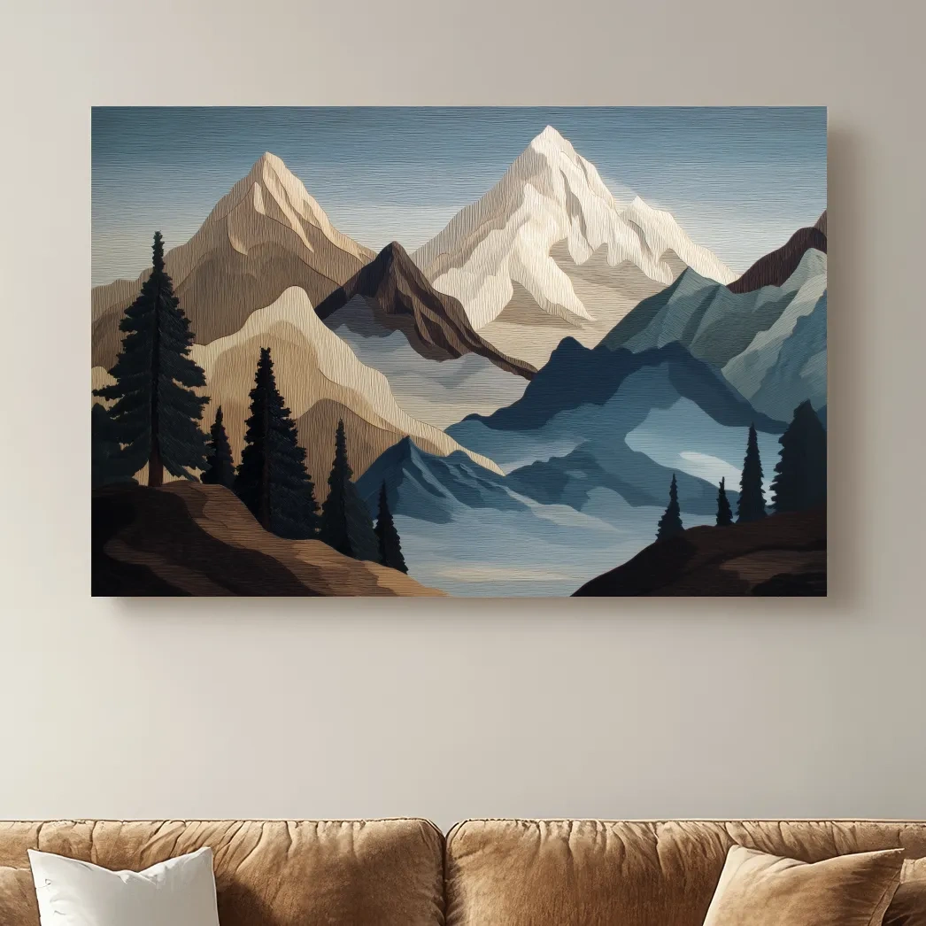 Textured Layered Alpine Mountain Peaks - Scenic Forest Wall Art