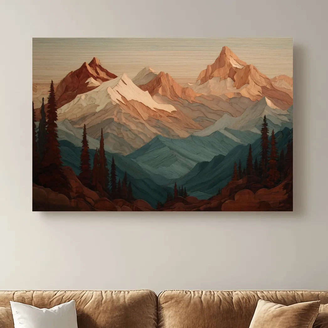 Layered Wood Alpine Mountain Range - Textured Topographic Landscape Wall Art