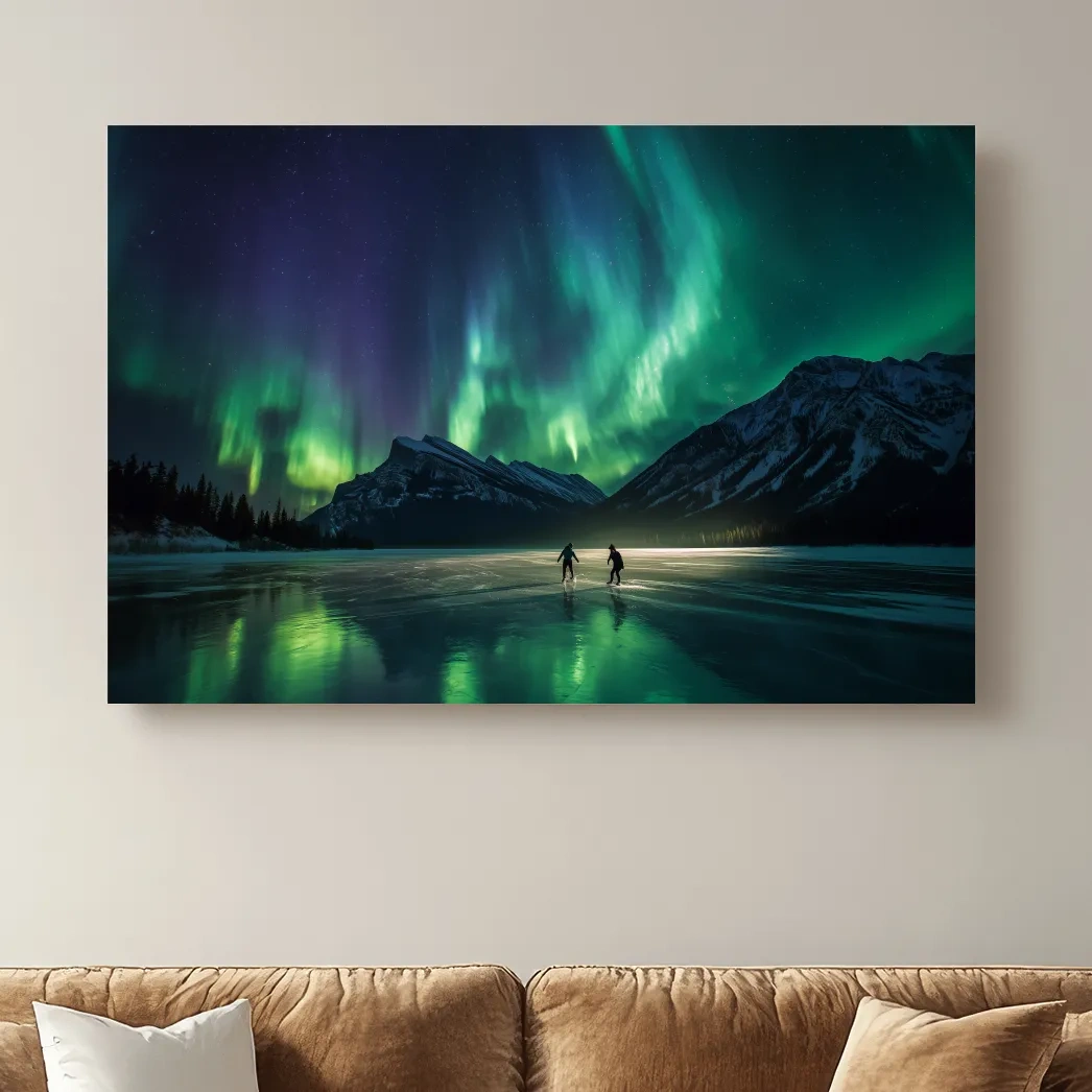 Ice Skaters Under Vibrant Northern Lights - Aurora Borealis Photographic Wall Art