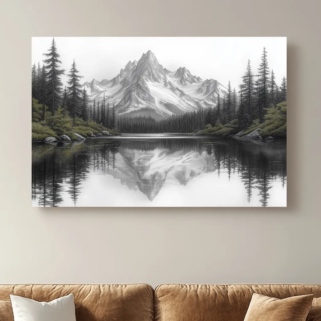 Monochrome Alpine Mountain Lake Reflection Sketch Artwork - Minimalist Forest Landscape Wall Art