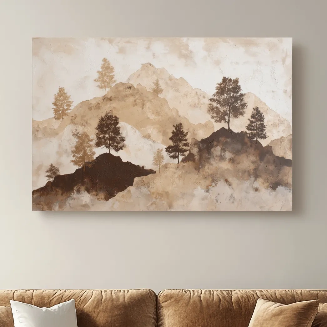 Wabi-Sabi Mountain Tree Silhouettes Painting - Minimalist Landscape Wall Art