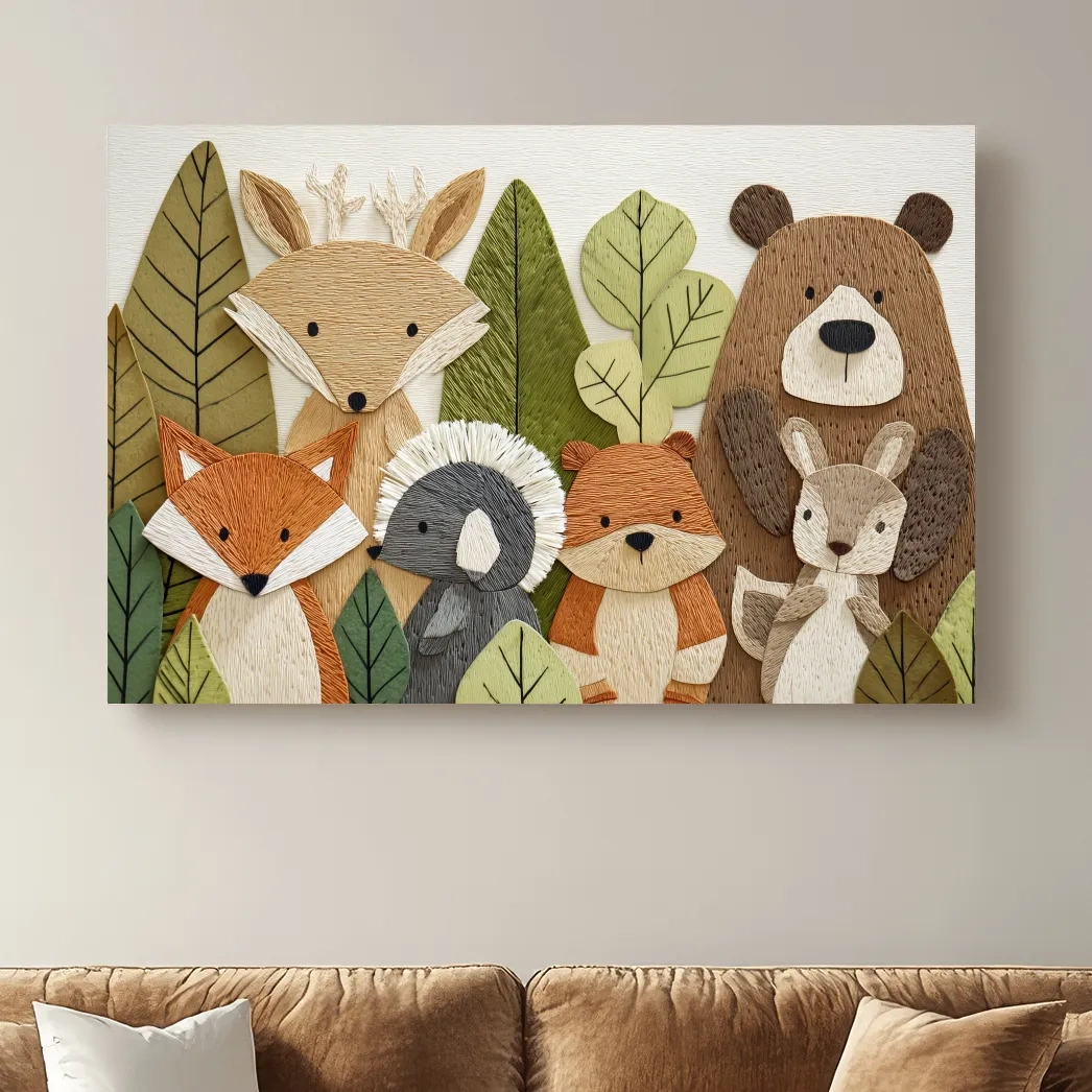 Woodland Animal Nursery Decor - Cute Forest Animals Embroidery Style Wall Art