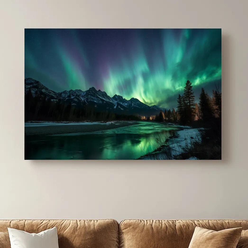 Vibrant Green Northern Lights Over Frozen Lake - Aurora Borealis Landscape Wall Art