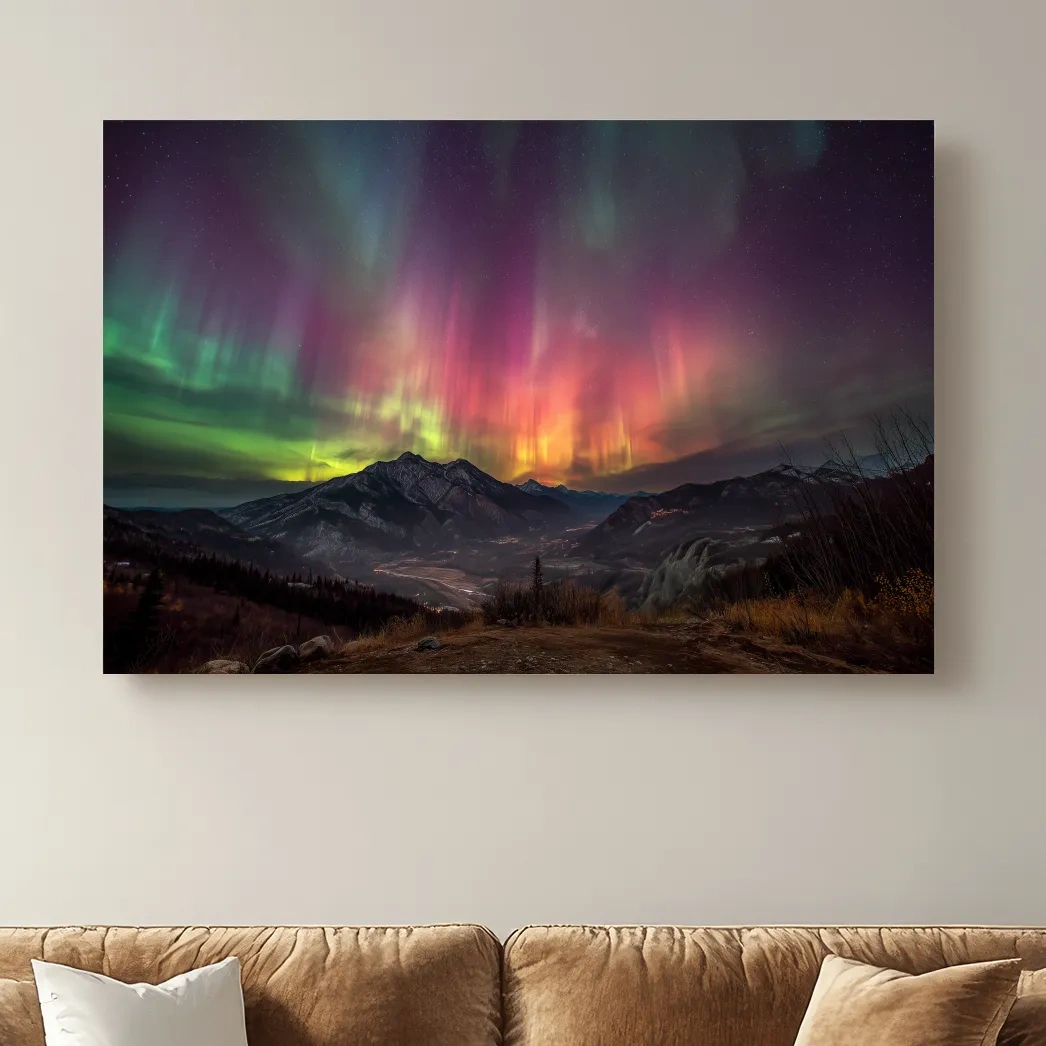 Vibrant Aurora Borealis Over Mountain Range - Colorful Northern Lights Landscape Wall Art