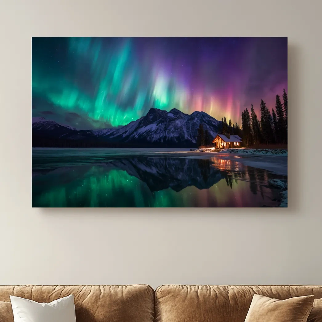 Vibrant Northern Lights Over Mountain Lake Cabin - Aurora Borealis Landscape Wall Art