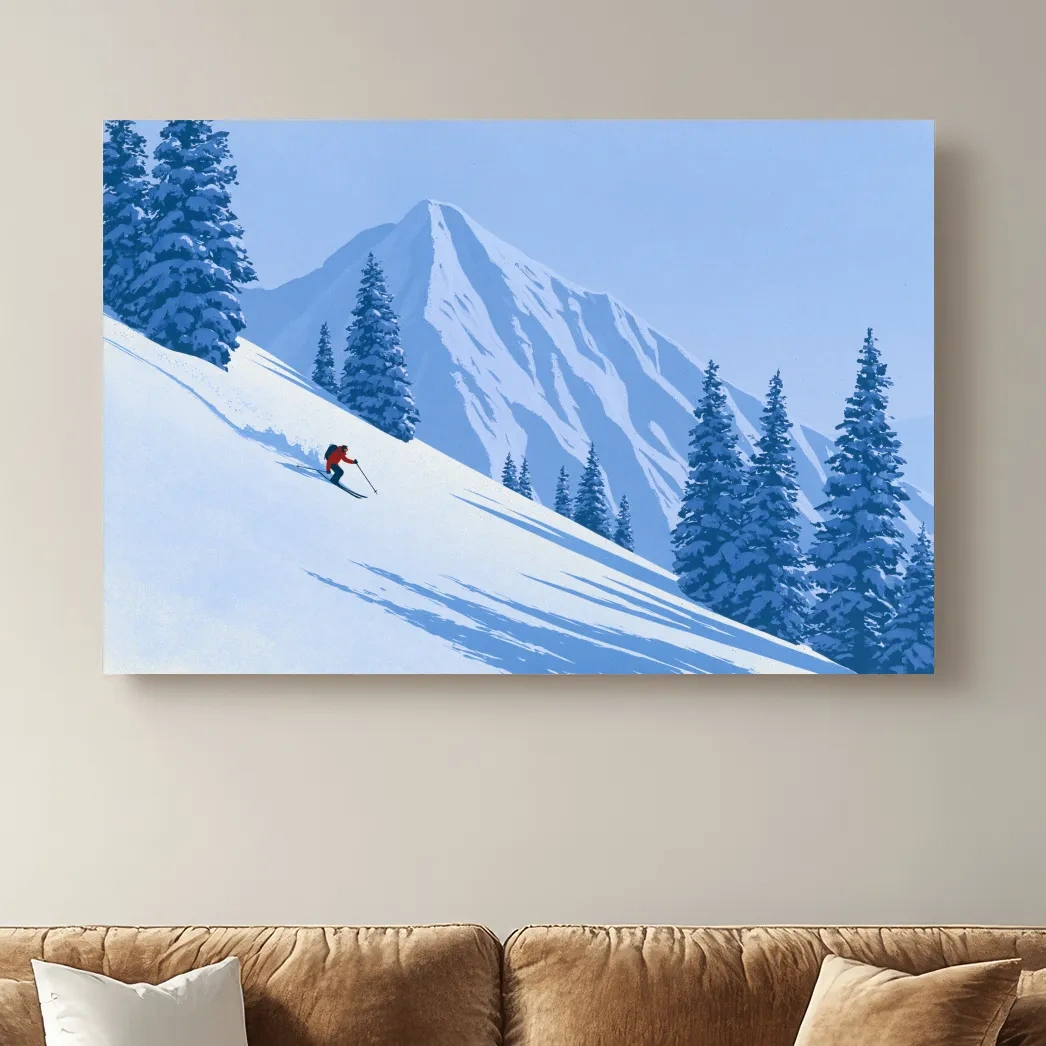 Minimalist Snowy Mountain Skier Landscape - Winter Alpine Illustration Wall Art
