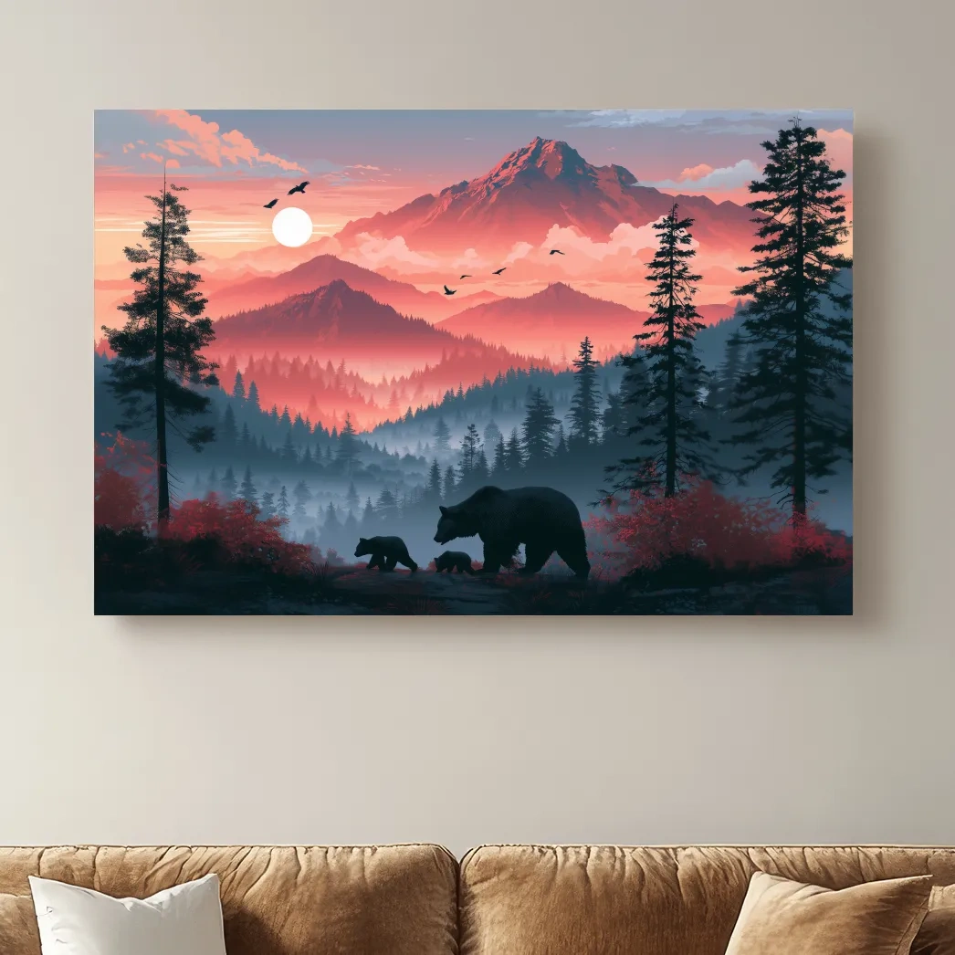 Sunset Mama Bear & Cubs Silhouette - Forest Wildlife Wall Art