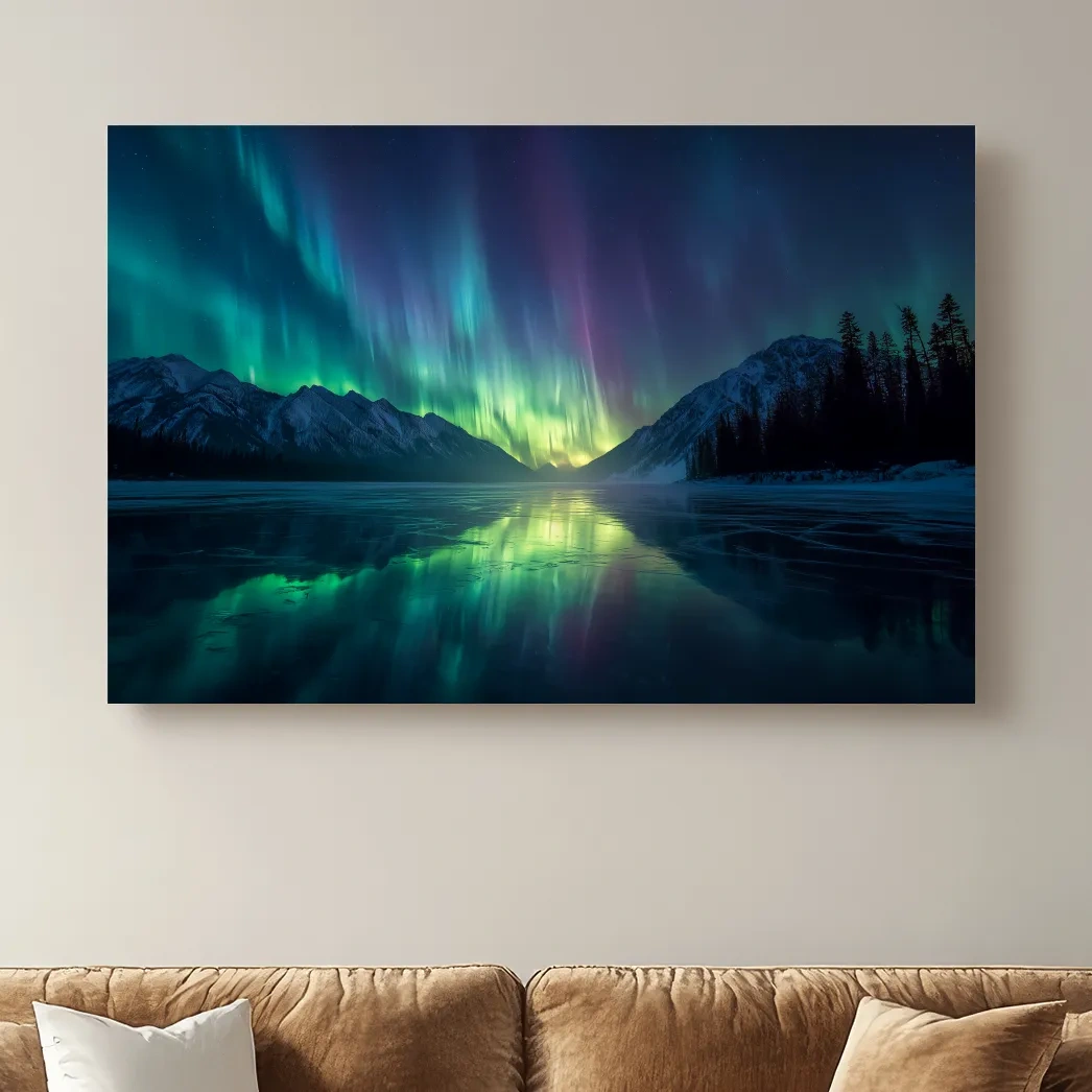 Vibrant Northern Lights Over Icy Mountain Lake - Aurora Borealis Wall Art