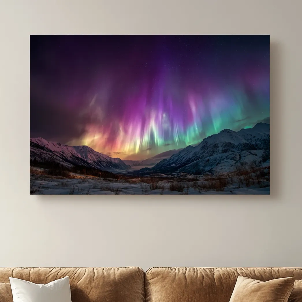 Vibrant Aurora Borealis Over Snowy Mountains - Northern Lights Night Sky Wall Art