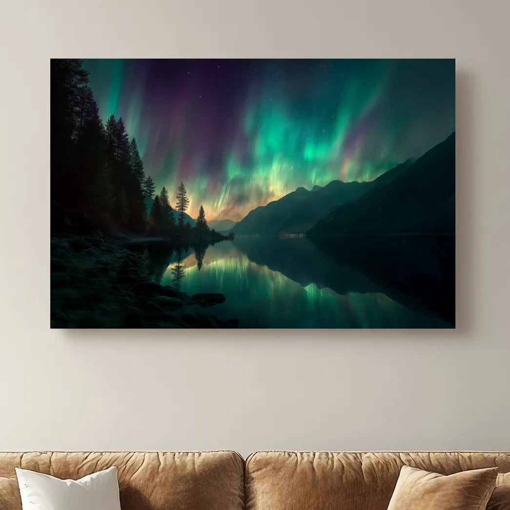 Vibrant Northern Lights Lake Reflection - Aurora Borealis Mountain Wall Art