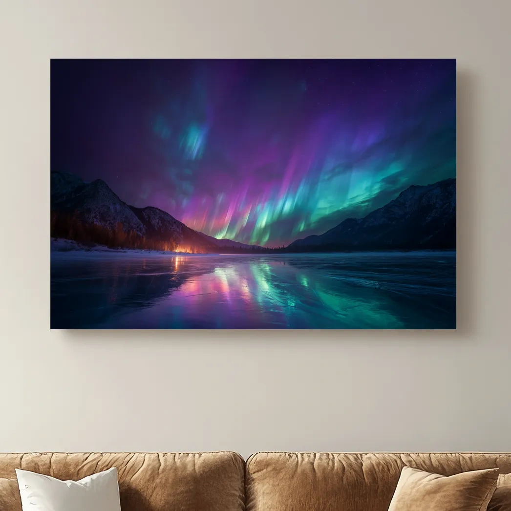 Vibrant Aurora Borealis Over Frozen Lake - Northern Lights Mountain Wall Art