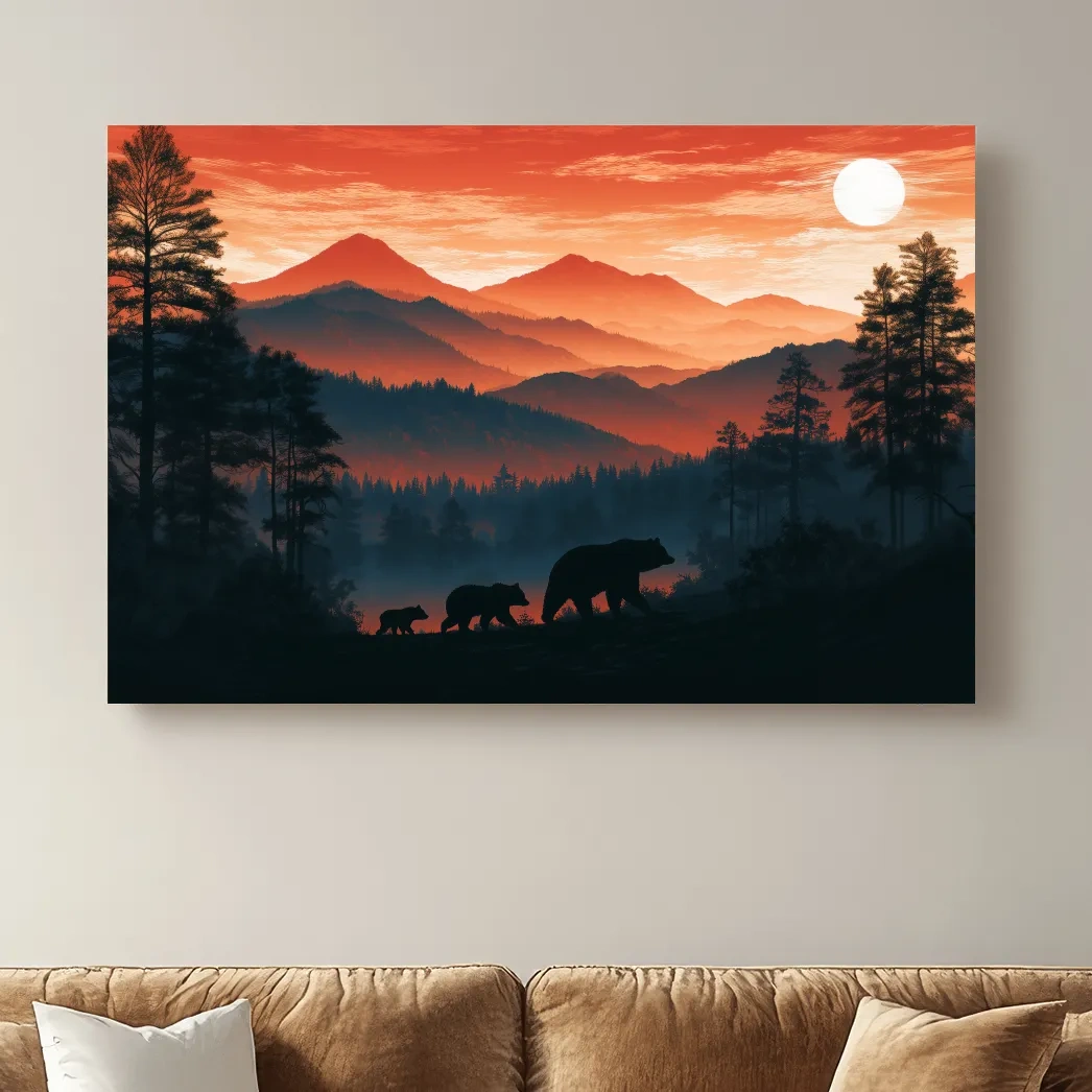 Mountain Sunset Bear Family Silhouettes - Wilderness Landscape Artwork