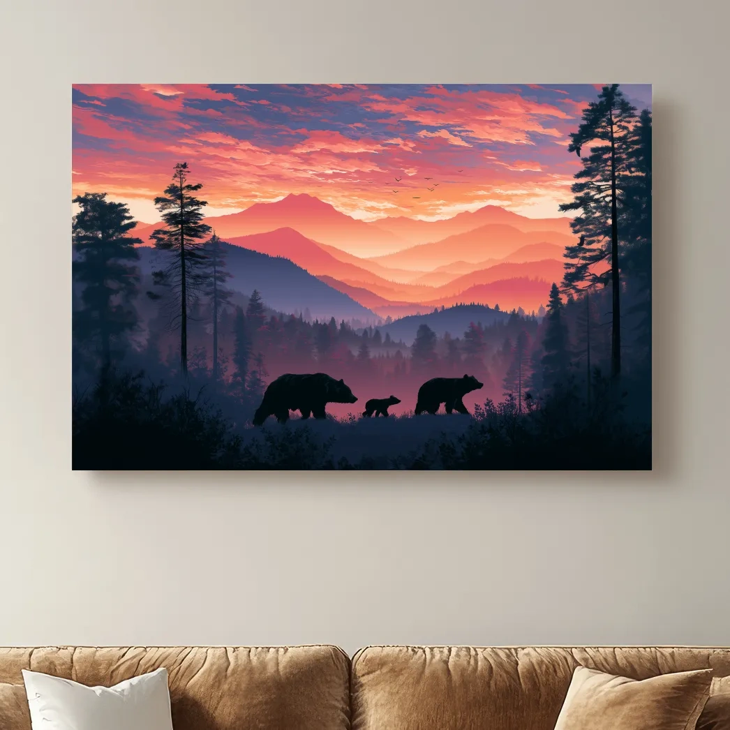 Moody Sunset Mountain Bear Family Silhouettes - Wildlife Wall Art