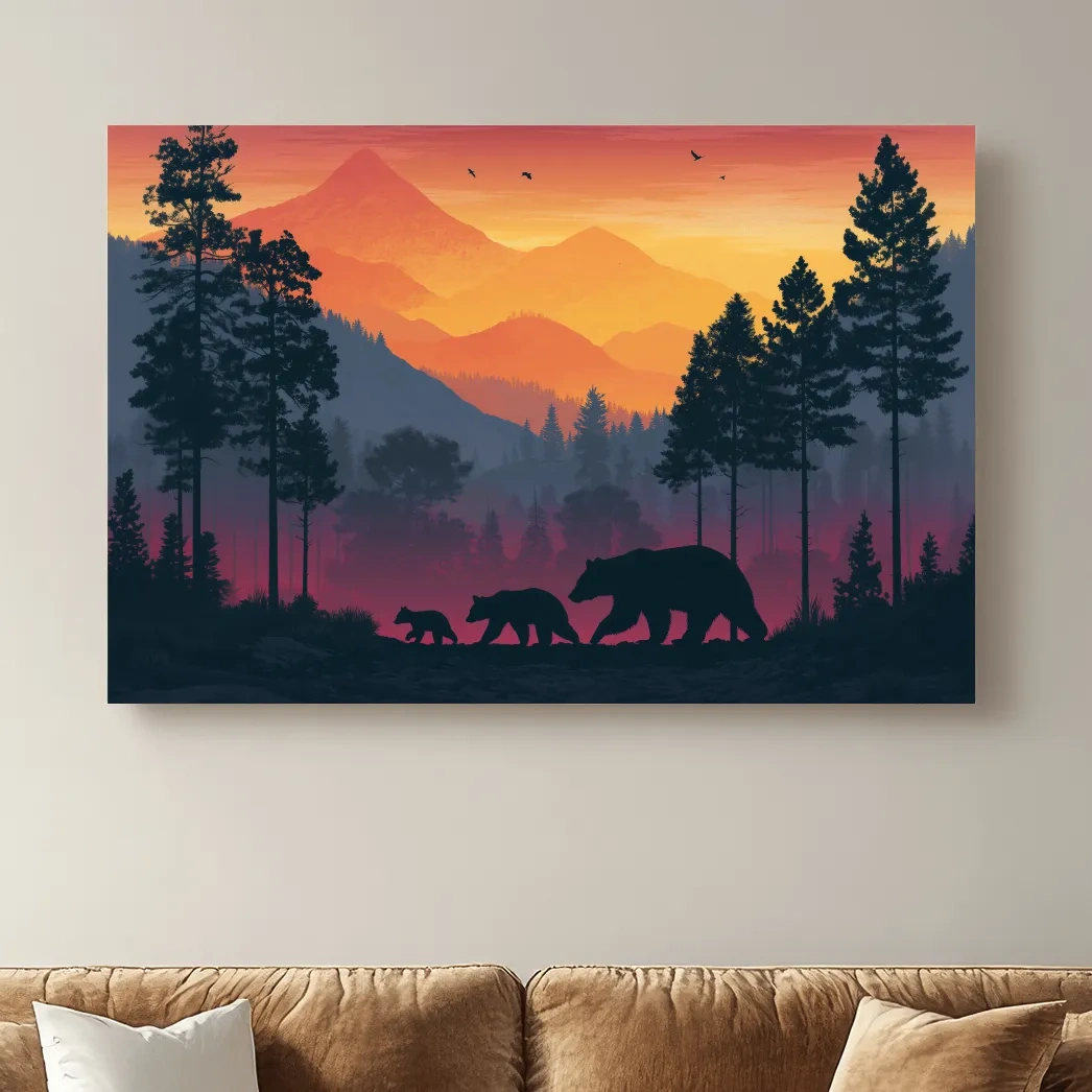 Sunset Momma Bear & Cubs Silhouette - Forest Wildlife Wall Art