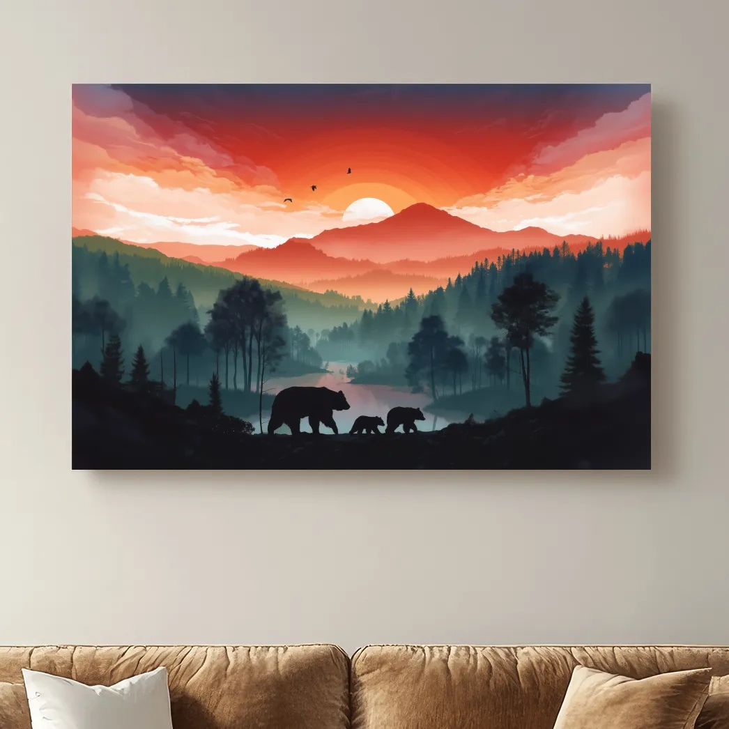 Sunset Bear Family Silhouette Landscape - Misty Mountain Forest Wall Art