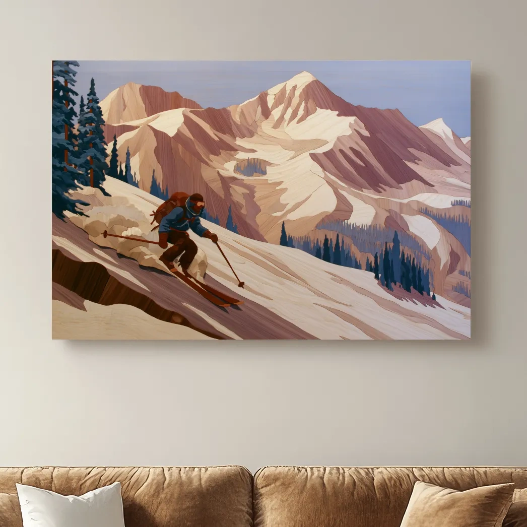Backcountry Skier Descending Snowy Alpine Peaks - Modern Outdoor Adventure Wall Art