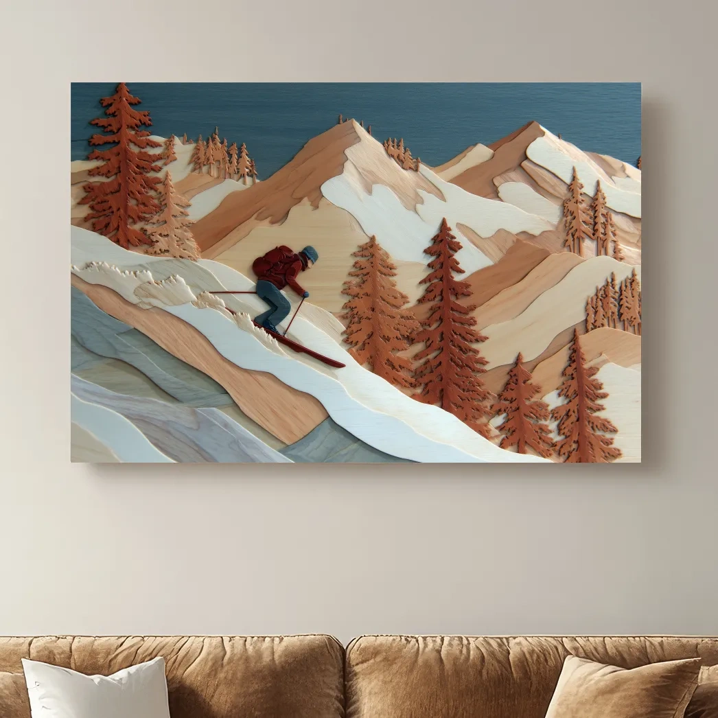 Wood Intarsia Style Skier Mountain Scene - Winter Alpine Wall Art