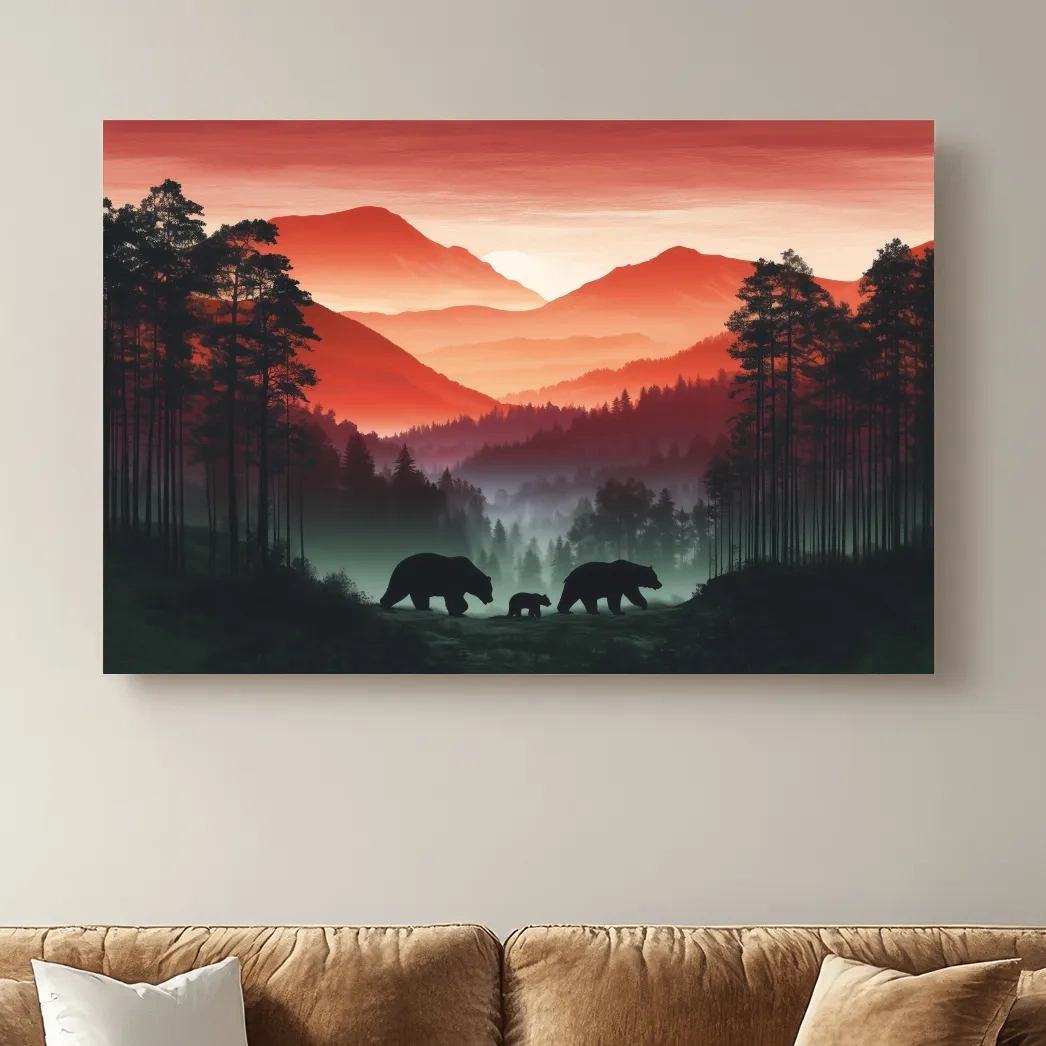 Moody Sunset Mountain Bear Family Silhouettes - Misty Forest Wildlife Wall Art