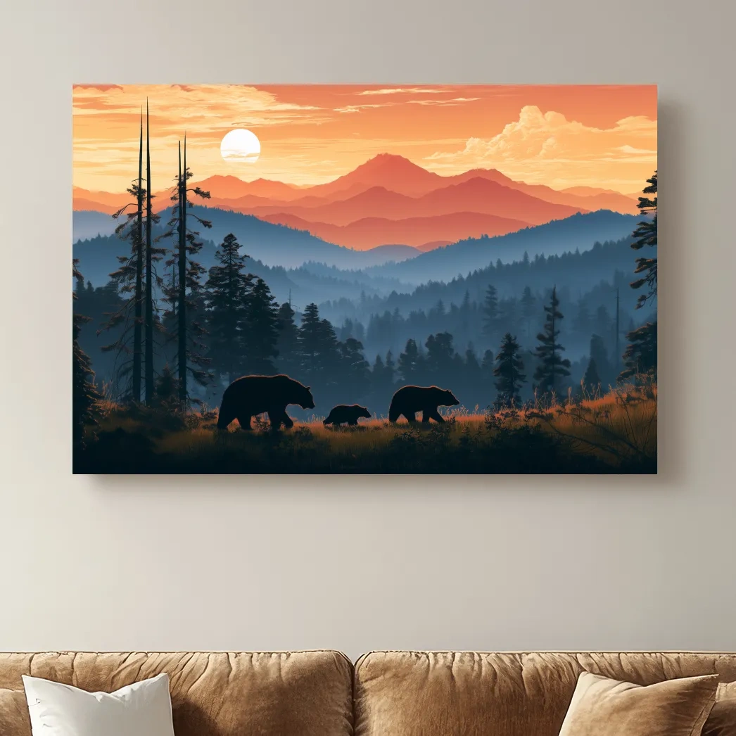 Bear Family Silhouettes - Mountain Sunset Wildlife Wall Art
