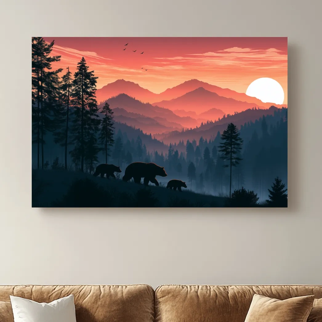 Bear Family Silhouette Mountain Sunset - Wildlife Landscape Wall Art