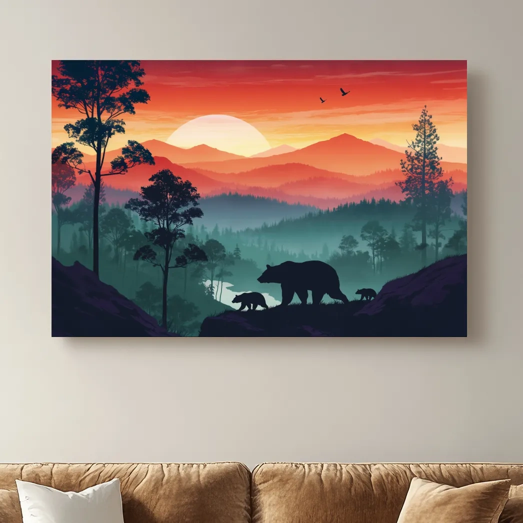 Sunset Mama Bear & Cubs Silhouette - Misty Forest Landscape Artwork