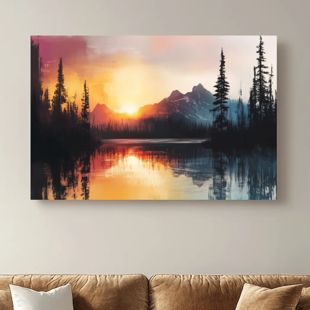 Sunset Mountain Lake Reflection Painting - Dramatic Pine Forest Landscape Wall Art