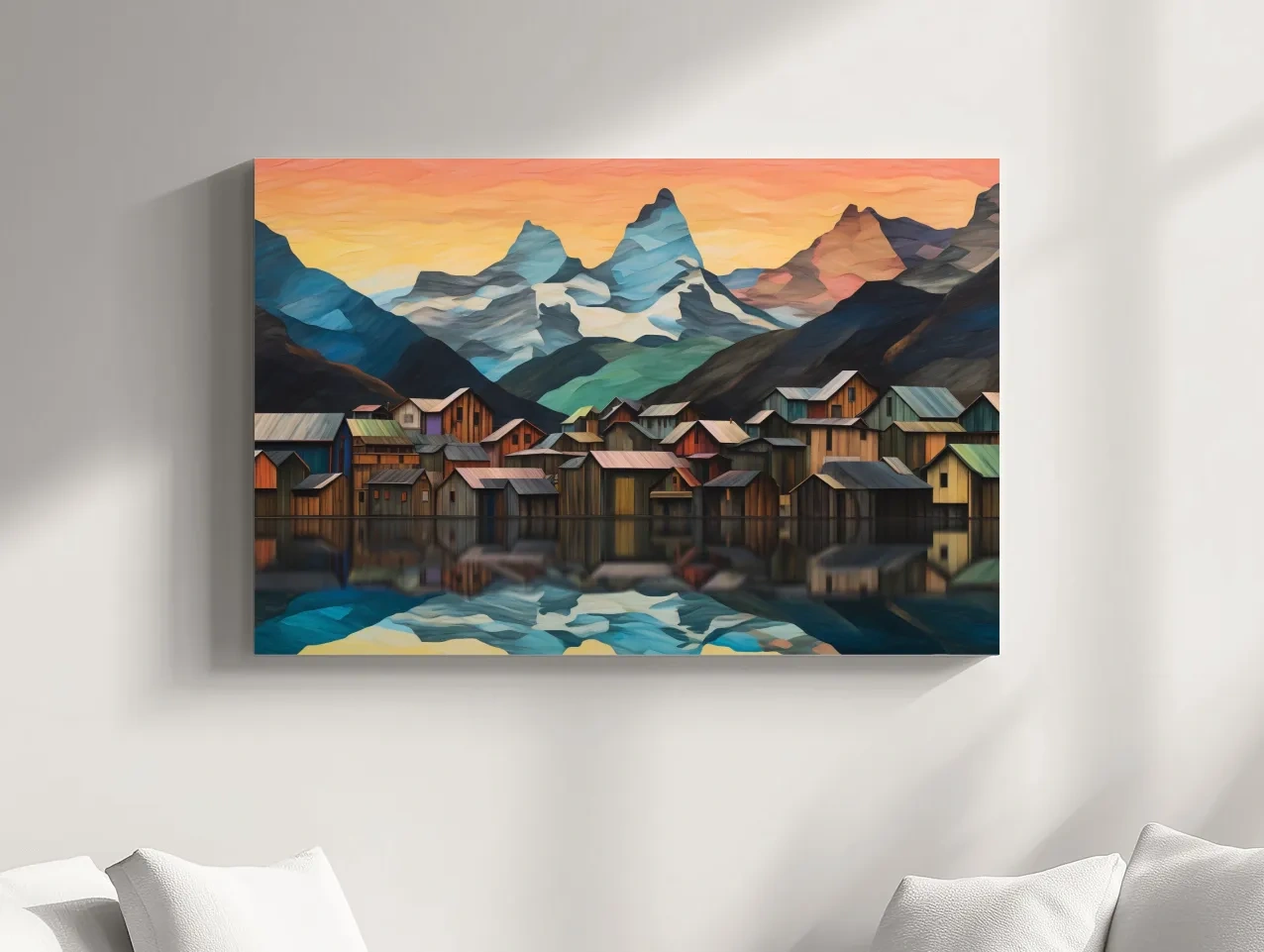 Alpine Mountain Village Reflections - Colorful Paper Cut Style Wall Art