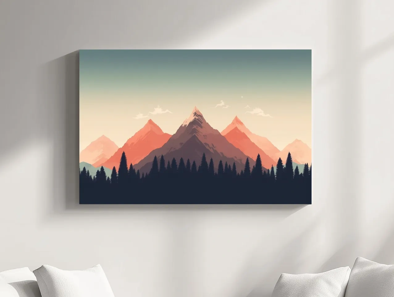 Minimalist Alpine Mountain Sunrise Artwork - Modern Scandinavian Forest Wall Art