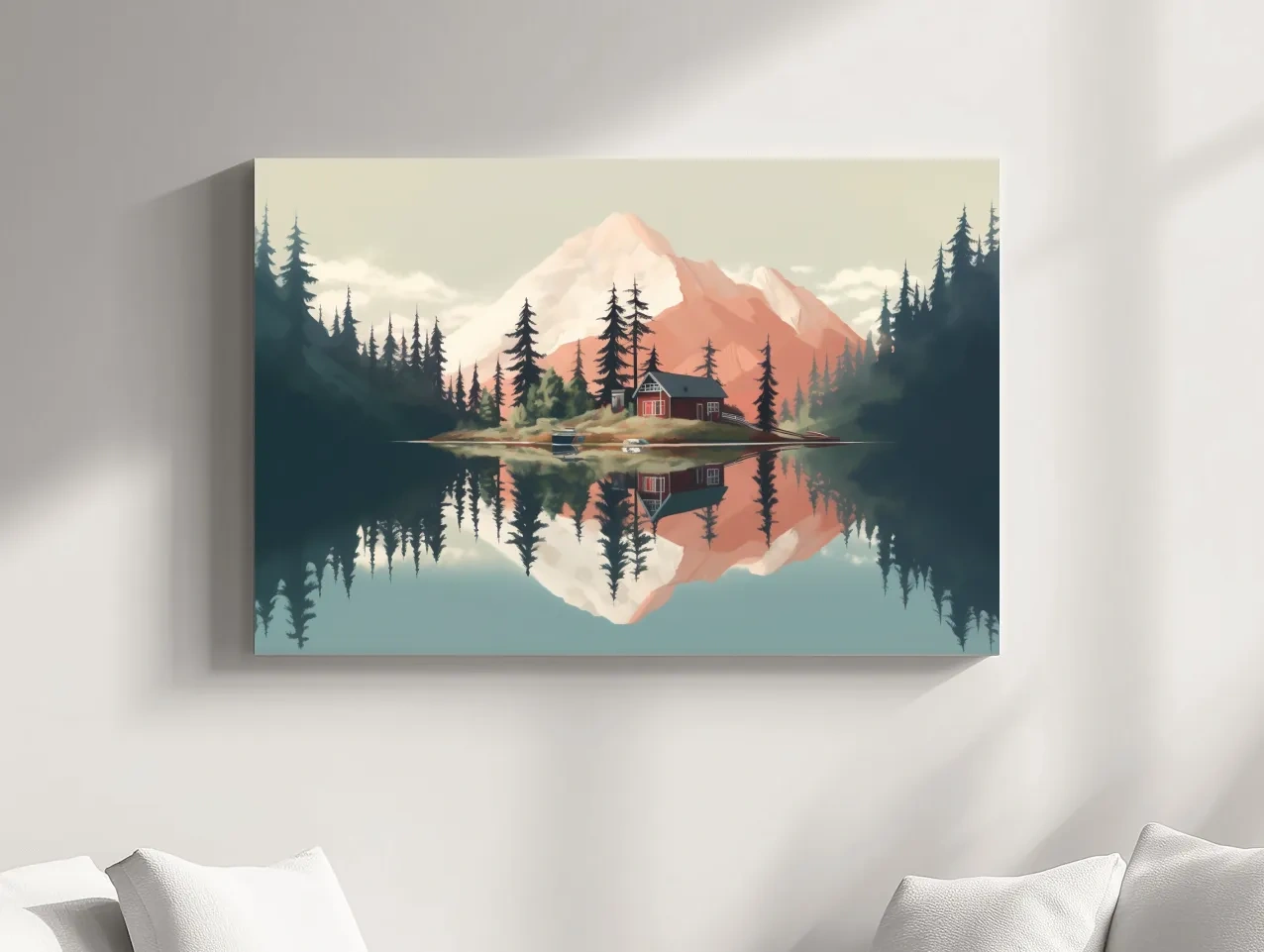 Serene Alpine Lake Cabin Artwork - Minimalist Mountain Landscape Wall Art