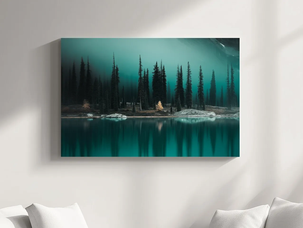 Misty Pine Forest Turquoise Alpine Lake - Serene Mountain Landscape Wall Art