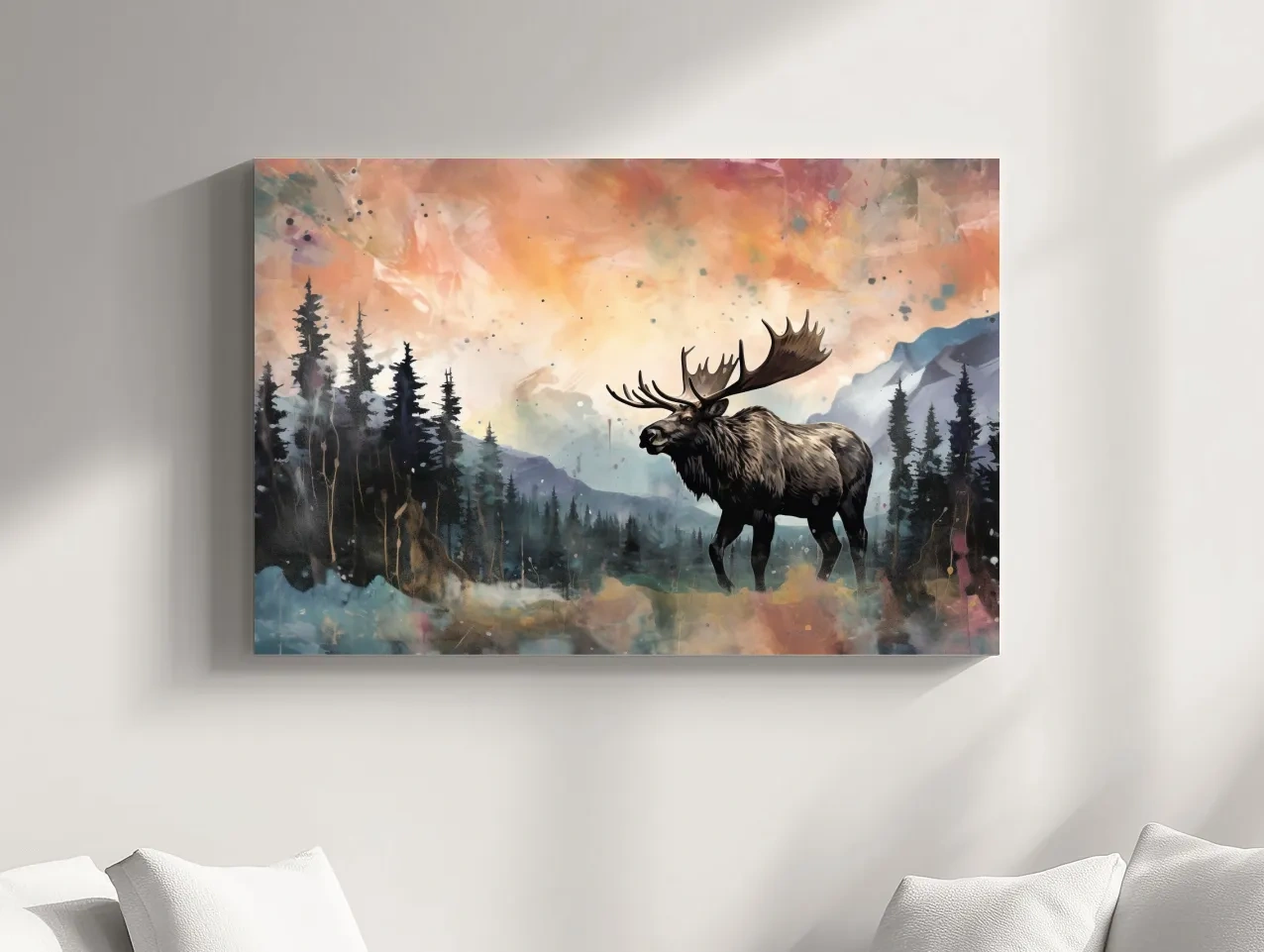 Watercolor Moose In Misty Mountain Forest - Rustic Wildlife Wall Art