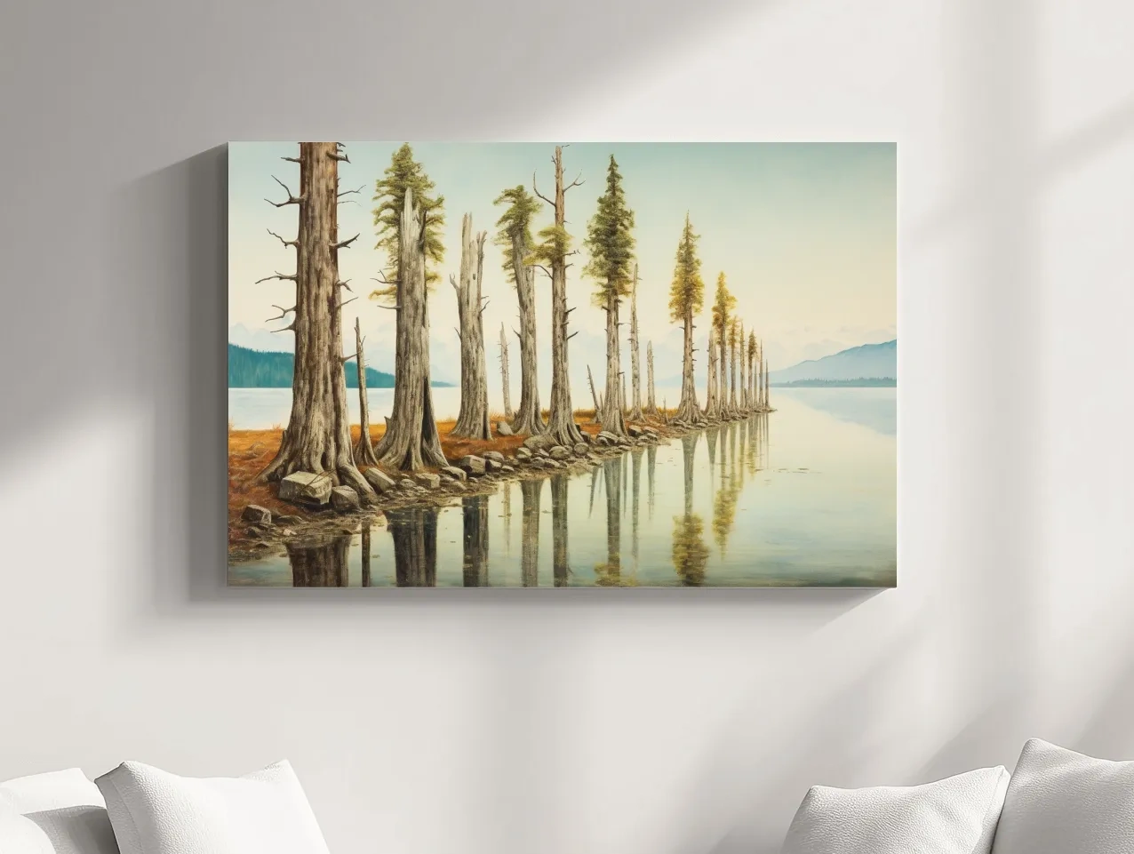 Serene Lakeside Pine Forest Reflections - Watercolor Landscape Wall Art
