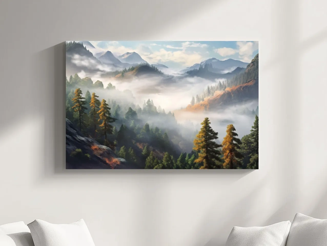 Misty Mountain Valley Forest Landscape - Serene Foggy Nature Painting Wall Art