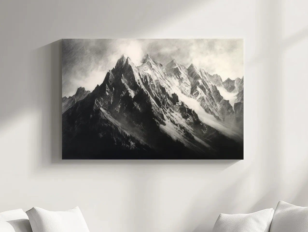 Moody Monochrome Snowy Mountain Peaks - Dramatic Charcoal Landscape Artwork
