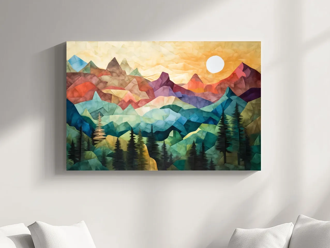 Abstract Sunset Mountain Canvas - Vibrant Patchwork Mosaic Art