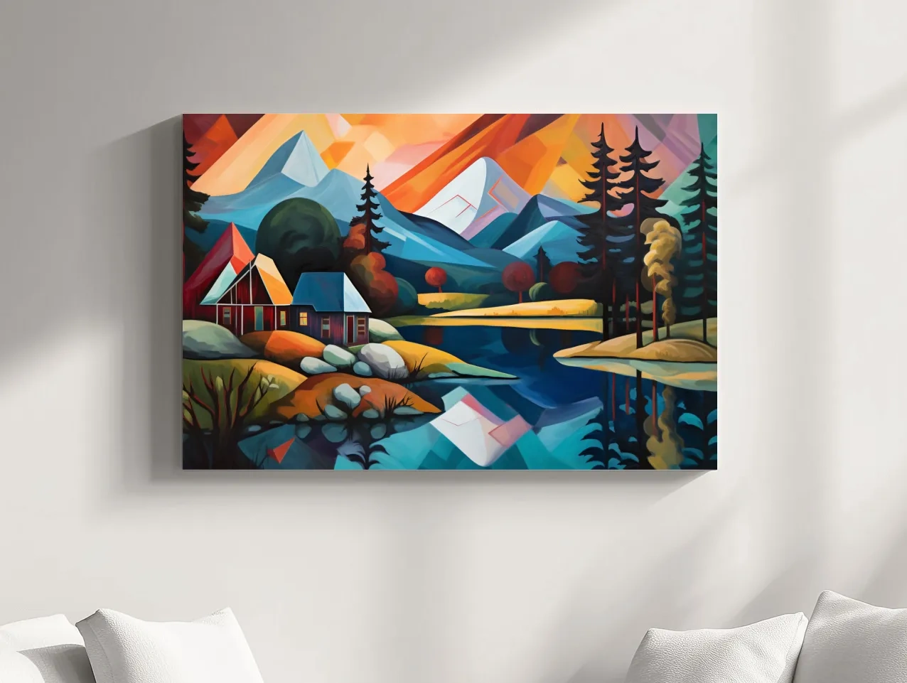 Vibrant Geometric Mountain Lake Cabin Oil Painting - Modern Abstract Wall Art