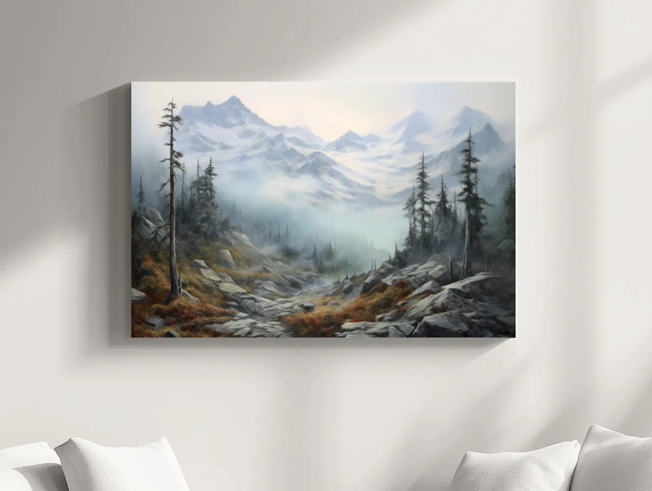 Misty Alpine Valley Painting - Moody Foggy Mountain Landscape Wall Art