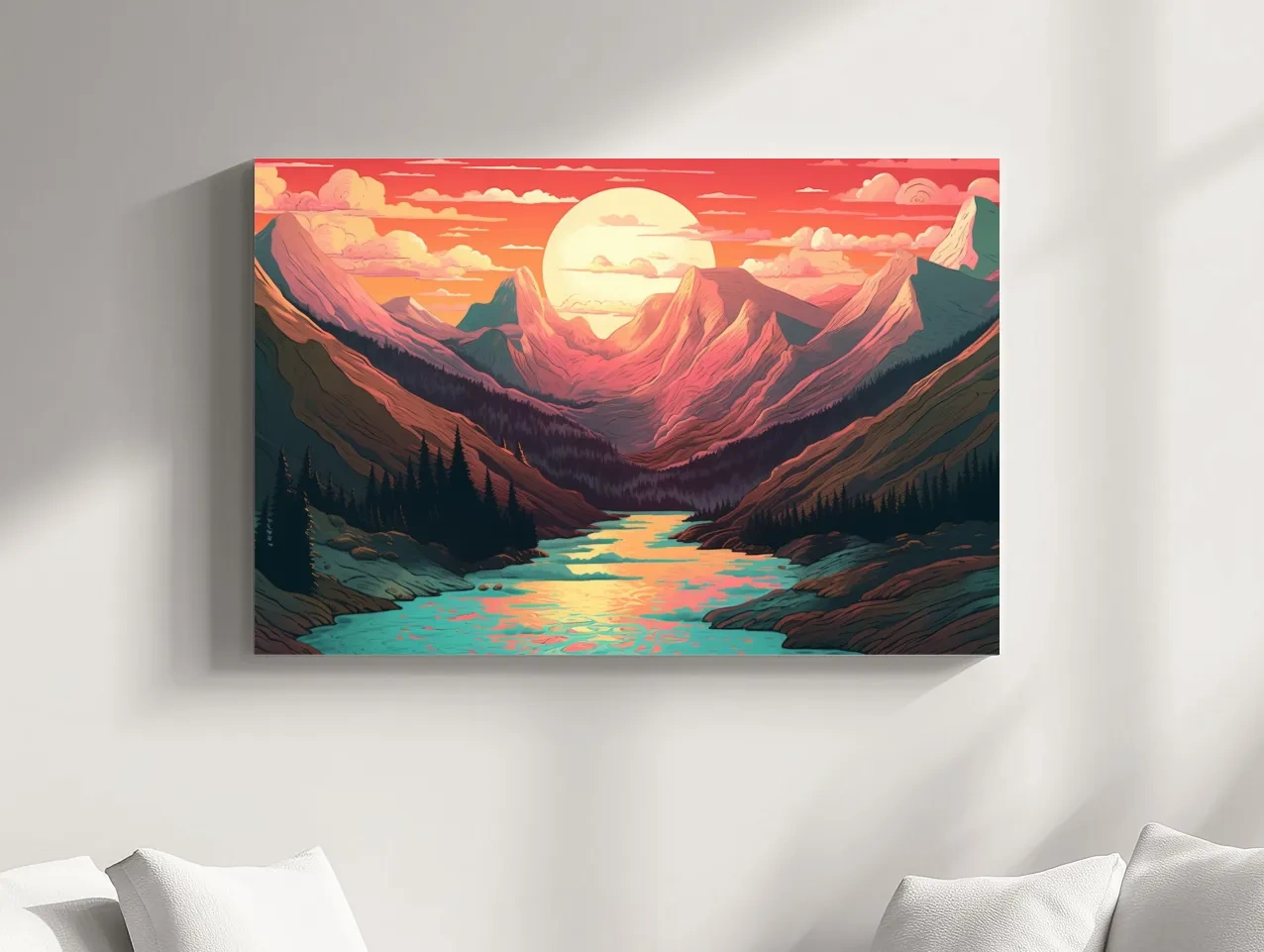 Vibrant Sunset Mountain Valley Illustration - Retro Landscape Wall Art