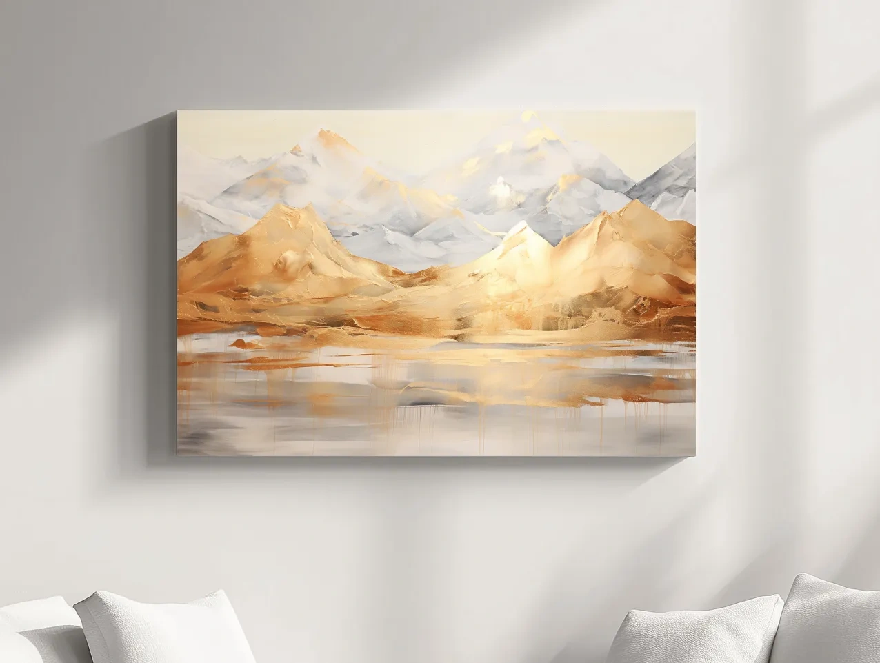 Luxe Golden Abstract Mountain Lake Painting - Elegant Landscape Wall Art