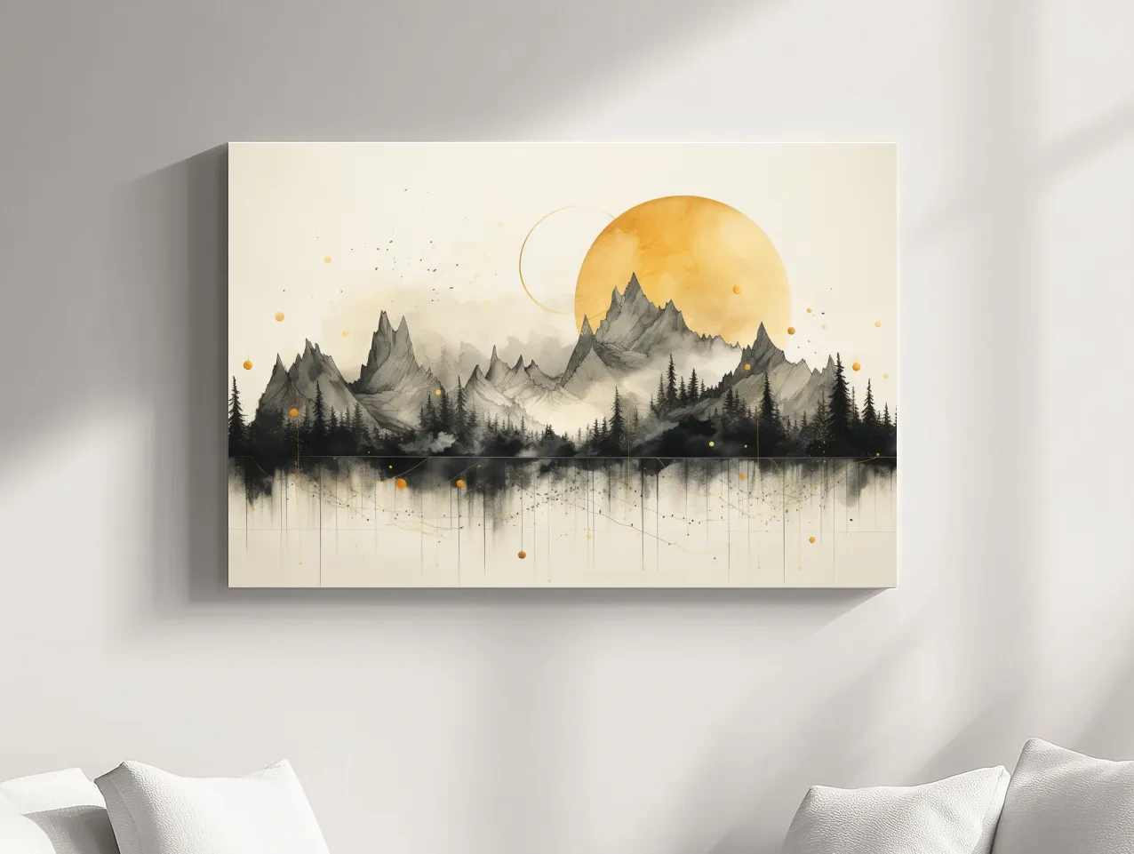 Golden Sun Abstract Mountain Range - Minimalist Watercolor Landscape Wall Art