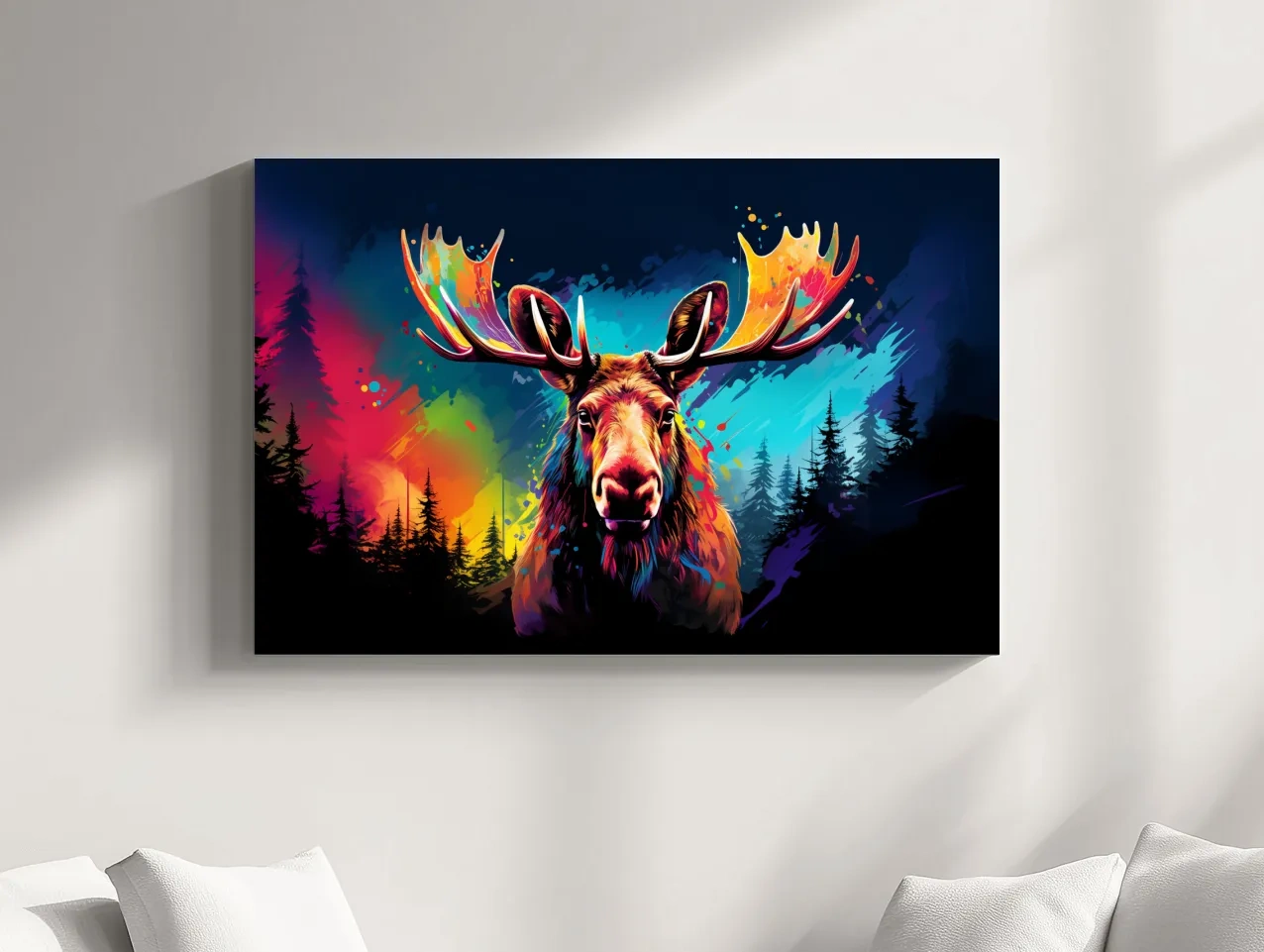 Vibrant Abstract Retro Moose Portrait - Colorful Splash Paint Wildlife Wall Art