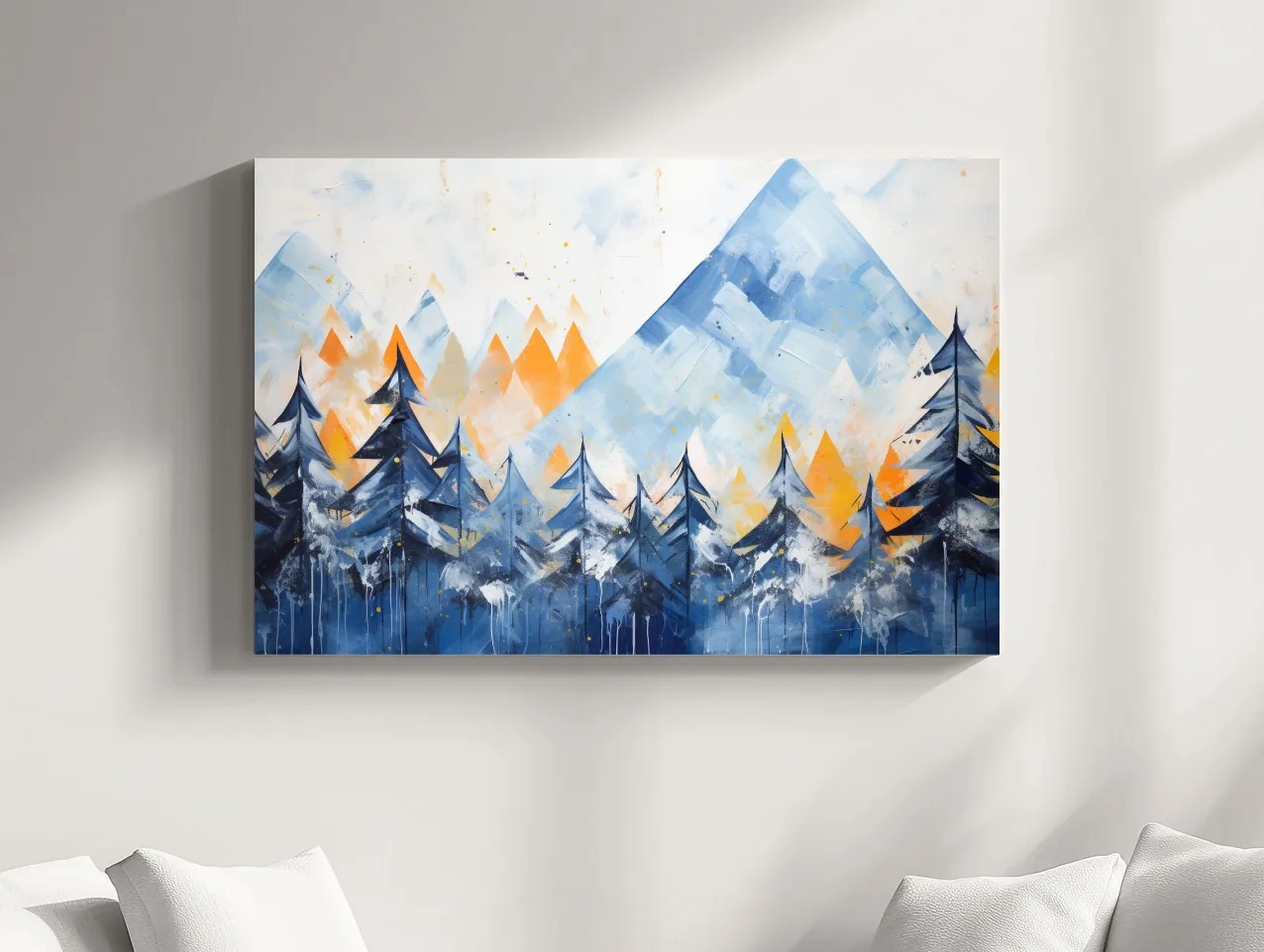 Simple blue and orange abstract mountain painting