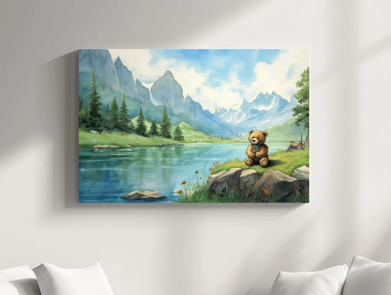 Whimsical Teddy Bear By Mountain Lake - Cute Watercolor Nursery Wall Art