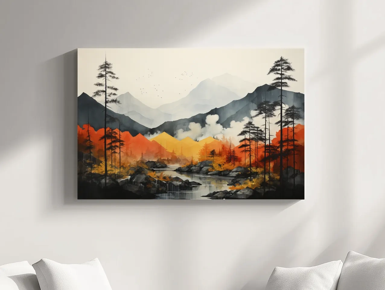 Surreal Mountain Lake Landscape - Autumn Forest Watercolor Wall Art