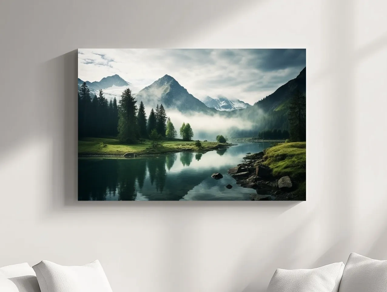 Misty Alpine Lake Reflection Landscape - Mountain Forest Photographic Wall Art