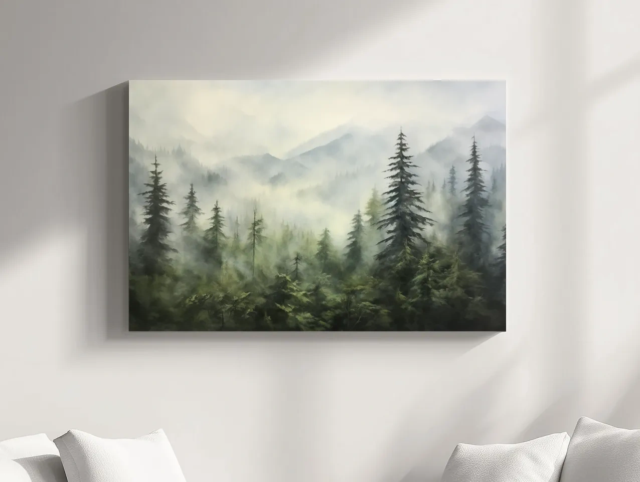 Misty Evergreen Forest Mountains Watercolor - Serene Foggy Landscape Artwork