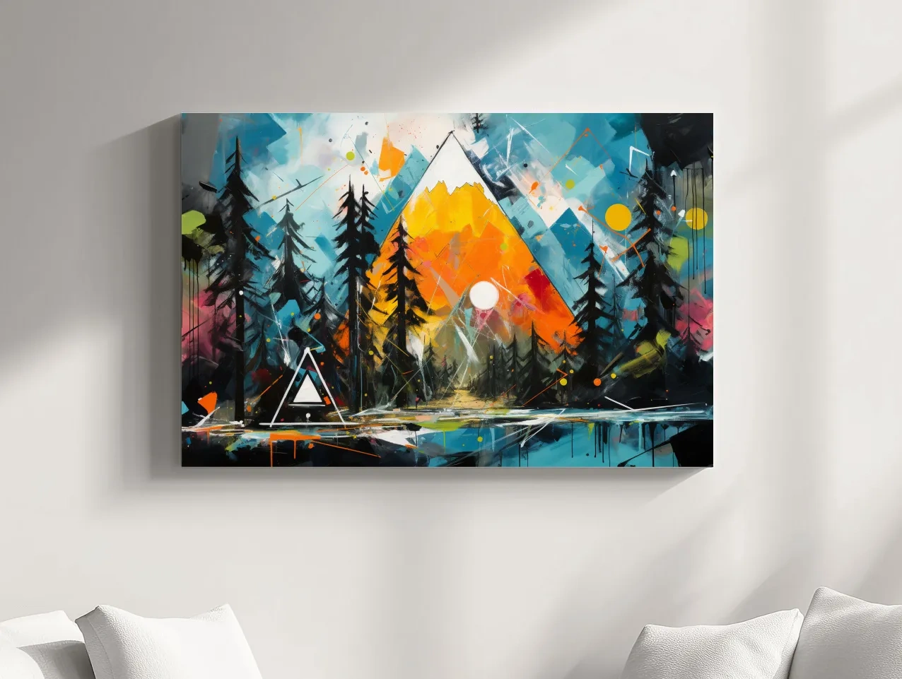 Vibrant Abstract Mountain Sunrise With Pine Forest - Energetic Landscape Wall Art
