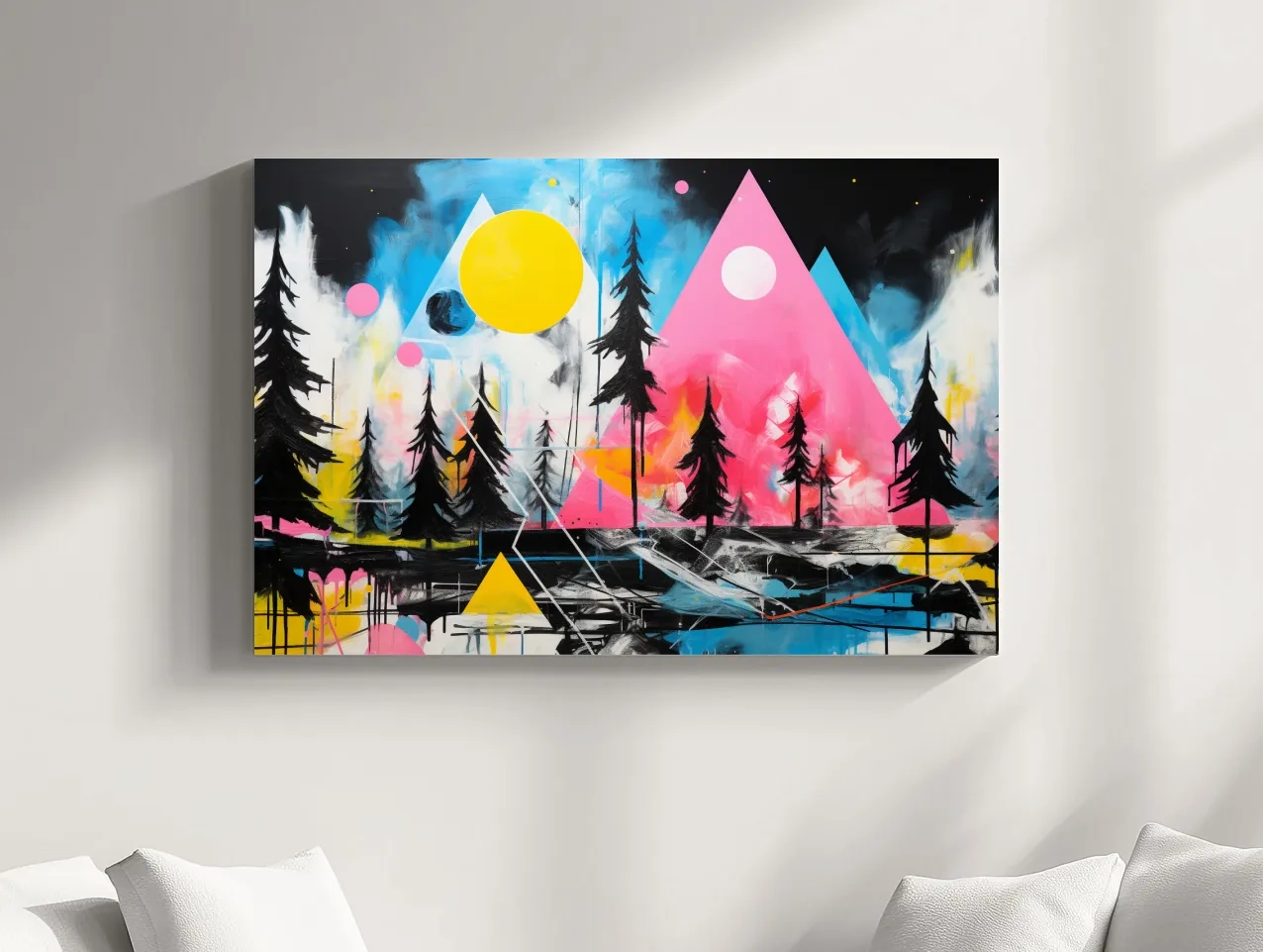 Neon Geometric Mountain Forest Painting - Vibrant Abstract Wall Art