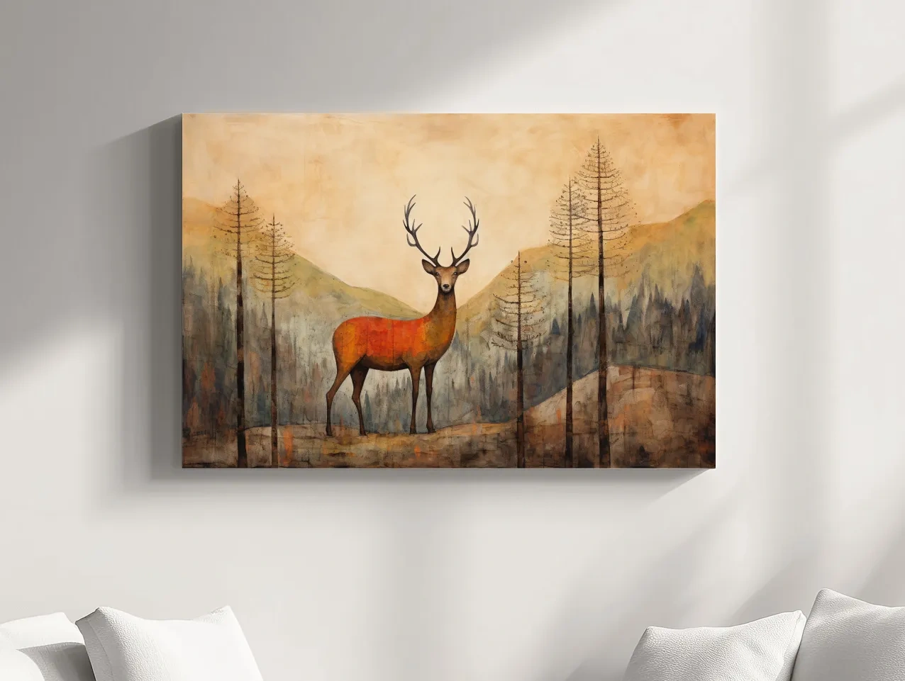 Rustic Woodland Stag Watercolor Painting - Autumn Mountain Forest Wildlife Wall Art