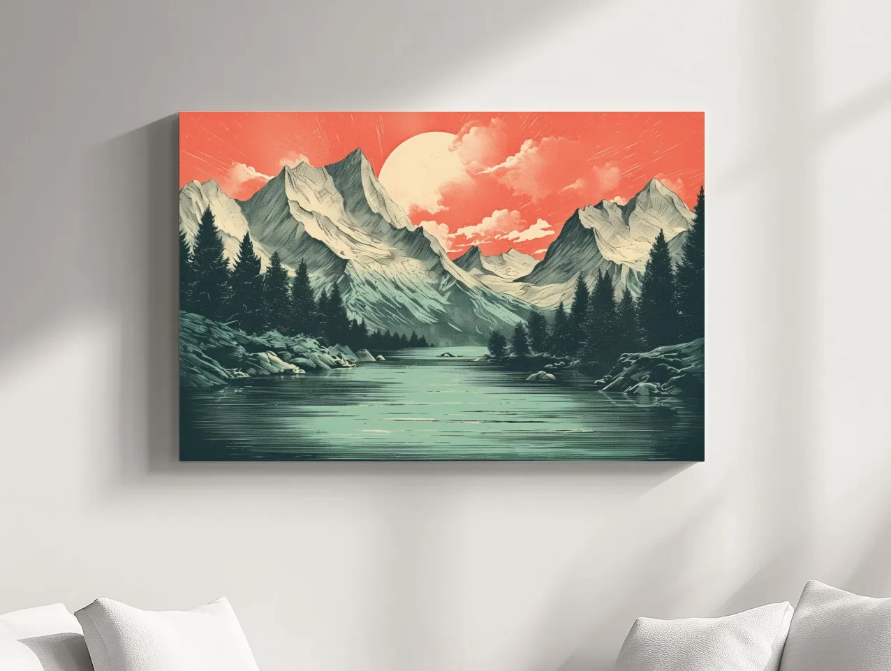 Retro Alpine Mountain Lake Sunset - Vintage Risograph Landscape Wall Art